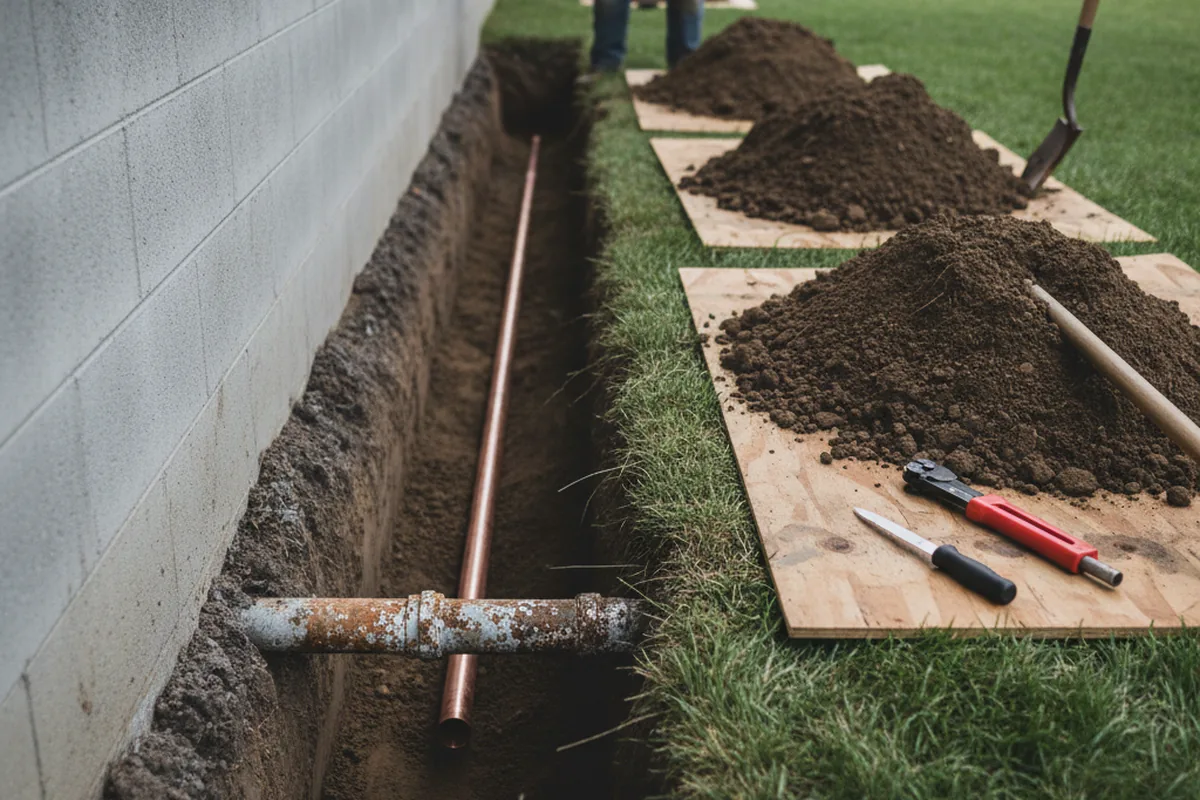 Excavated water line trench during Sewer Line Repair in Grosse Pointe